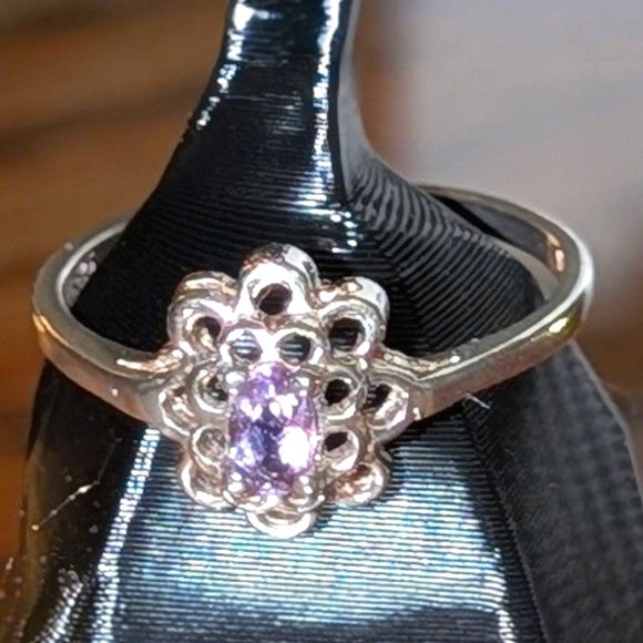 Vintage Amethyst .925 Silver Flower Ring With Little Kitty Ring Holder - Picture 5 of 7